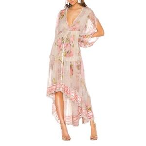 Rococo Sand Melody Maxi Dress Womens Small Cream Pink Floral Long Sleeve V-Neck